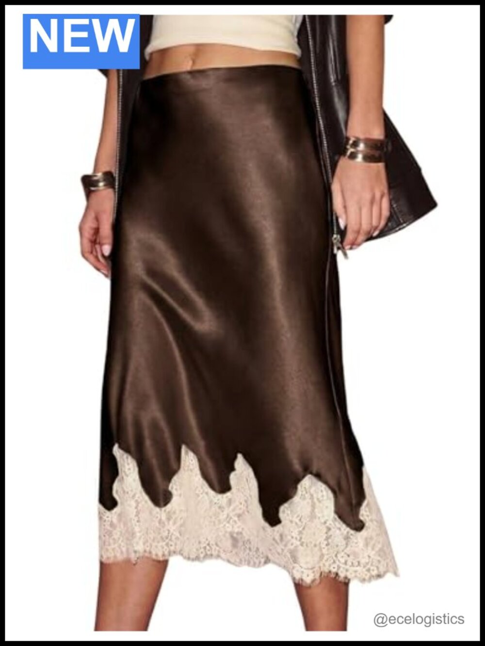 Women's Satin Midi Skirt Flowy A-Line Lace Trim Elastic Waist